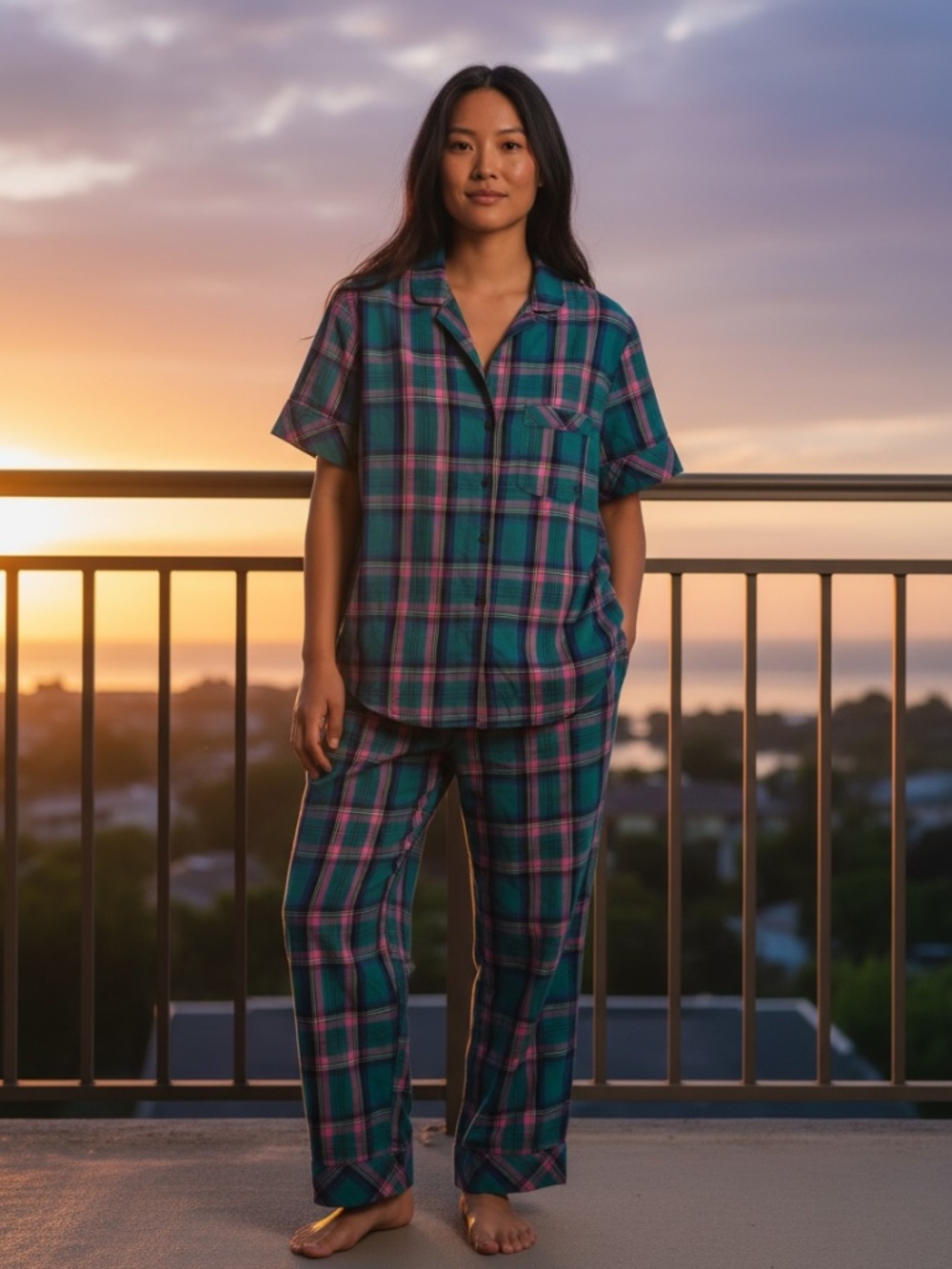Victoria's Secret Plaid Pajama Set Short Sleeve Top & Long Pants
